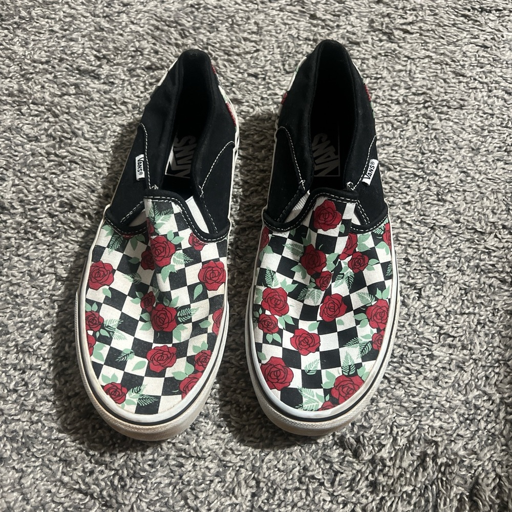 Vans Black and Red Checkered Rose Sneakers